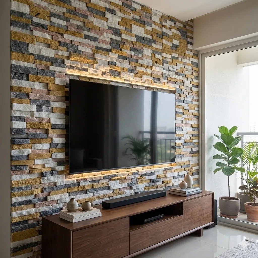 Living room stone cladding around a television wall