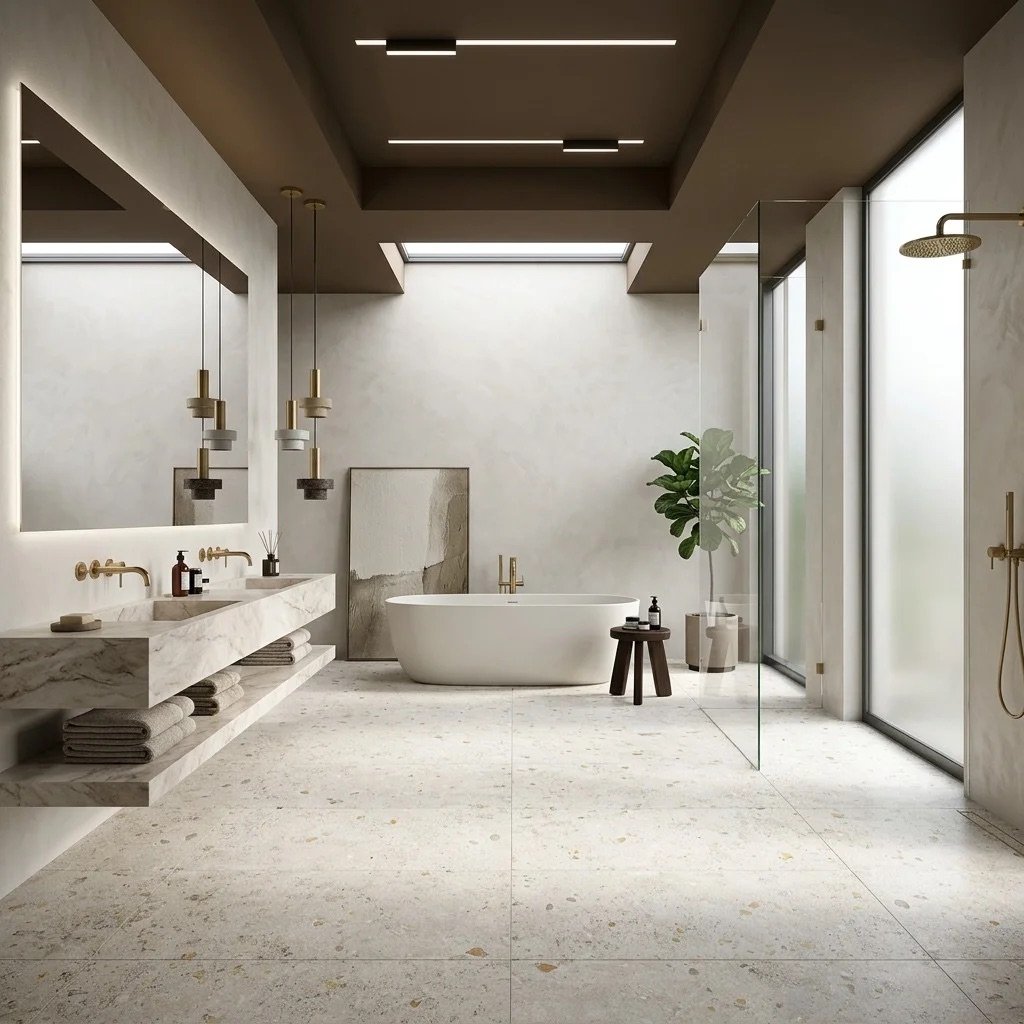 Marble vanity, tiles and flooring in a modern bathroom